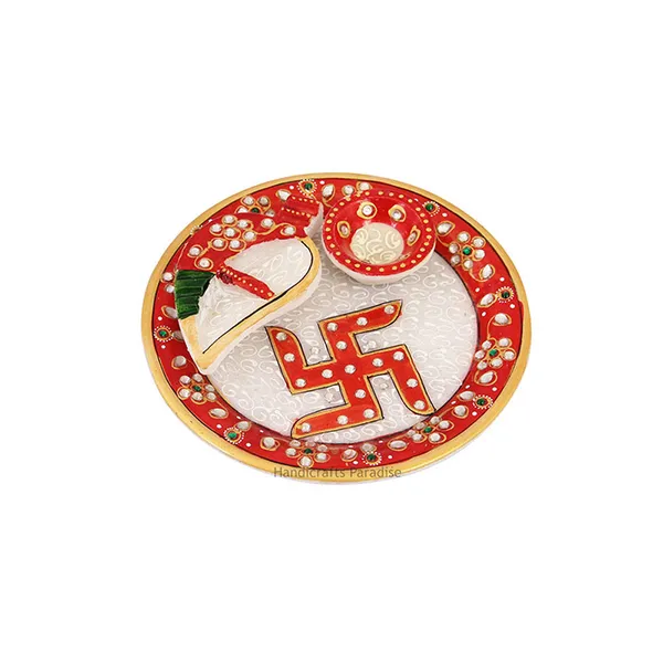 Red_Pooja_Thali_With_Shankh_And_Katori_Painted_In_Meena,_6_Inch