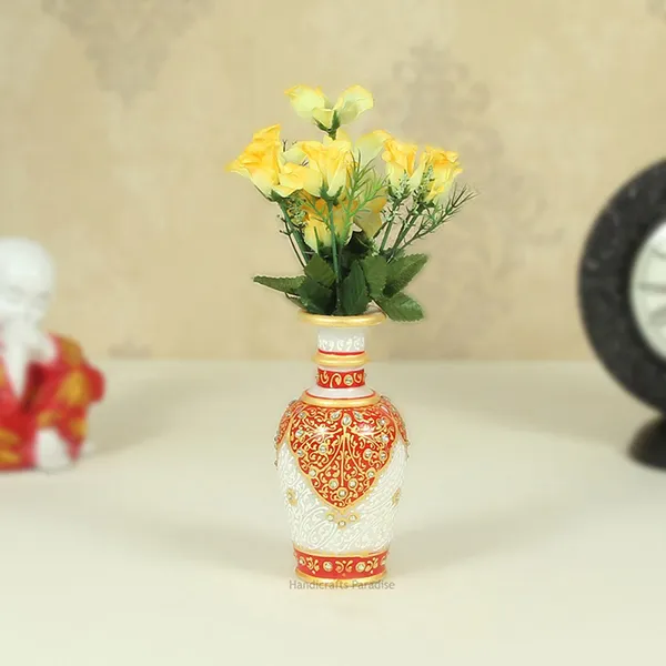 White_Kundan_Embellished_Marble_Flower_Vase,_6_Inch