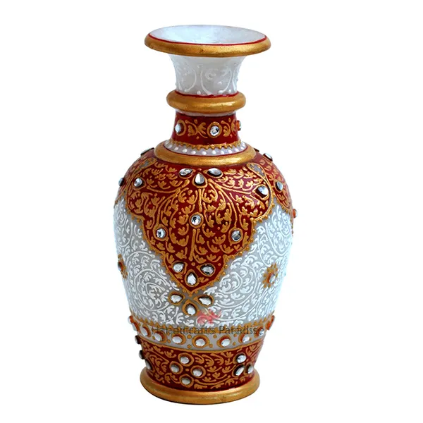 White_Kundan_Embellished_Marble_Flower_Vase,_6_Inch