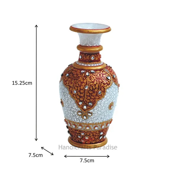 White_Kundan_Embellished_Marble_Flower_Vase,_6_Inch