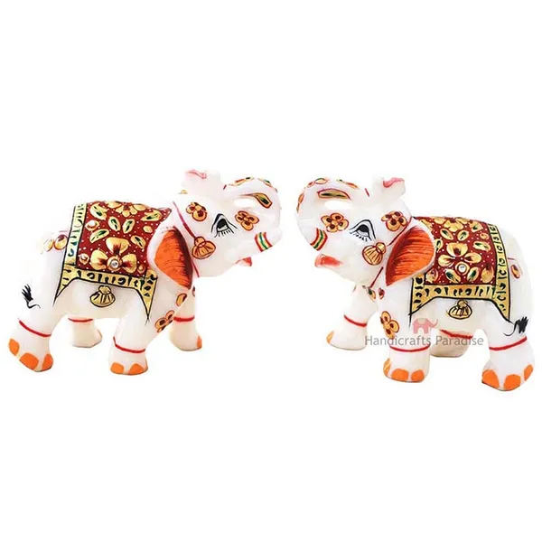 White_Marble_Gold_Emboss_Painted_Marble_Elephants,_3_Inch-_Set_Of_2