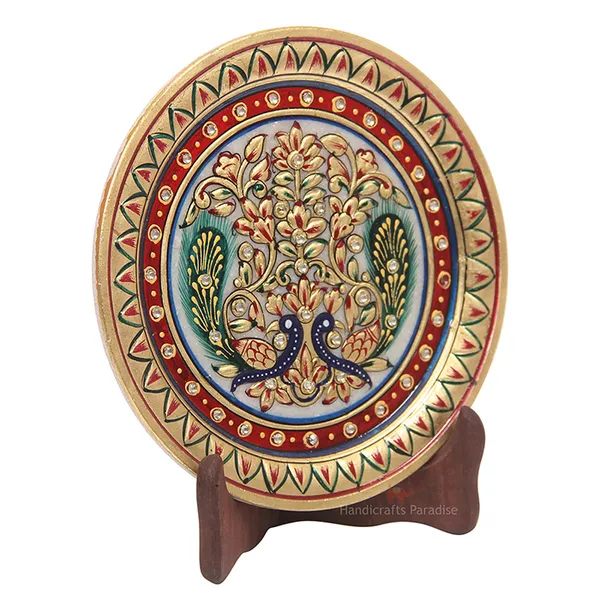 Multicolor_Double_Peacock_Painted_Marble_Round_Plate_Showpiece_-_7_Inch