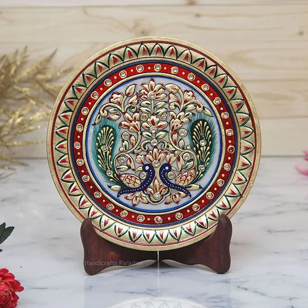 Multicolor_Double_Peacock_Painted_Marble_Round_Plate_Showpiece_-_7_Inch