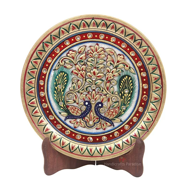 Multicolor_Double_Peacock_Painted_Marble_Round_Plate_Showpiece_-_7_Inch
