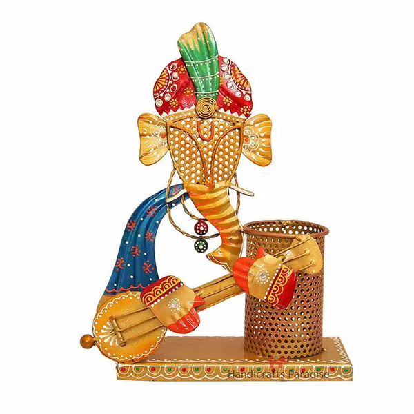Golden_Iron_Ganesha_Playing_Guitar_Pen_Holder_Showpiece,_10.75_Inch