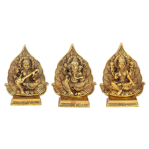 Golden_Antique_Lakshmi_Ganesh_And_Saraswati_Ji_Idol_With_Leaf_Backdrop