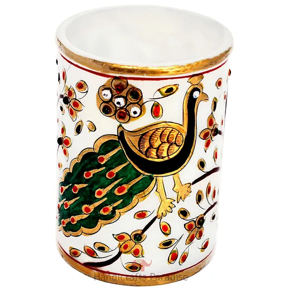 White_Marble_Peacock_Motif_Penholder_With_Intricate_Design