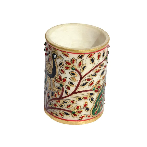 White_Marble_Peacock_Motif_Penholder_With_Intricate_Design