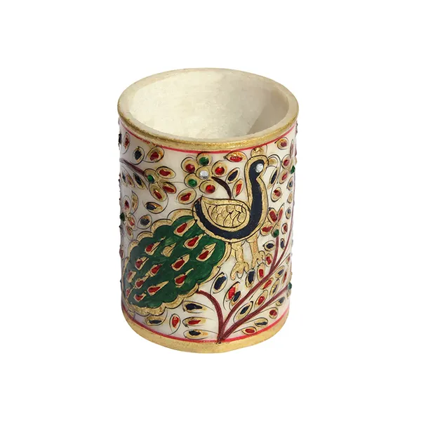 White_Marble_Peacock_Motif_Penholder_With_Intricate_Design