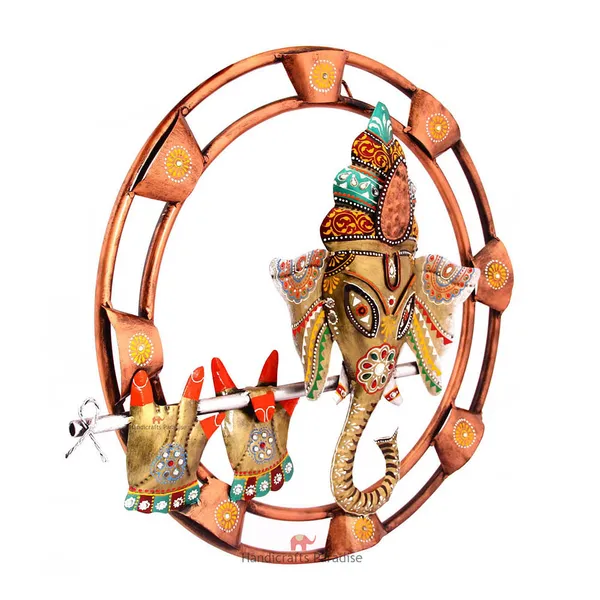 Golden_Iron_Ganesha_Playing_Flute_Wall_Art,_18_Inch