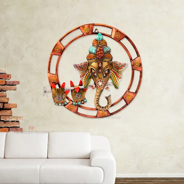 Golden_Iron_Ganesha_Playing_Flute_Wall_Art,_18_Inch