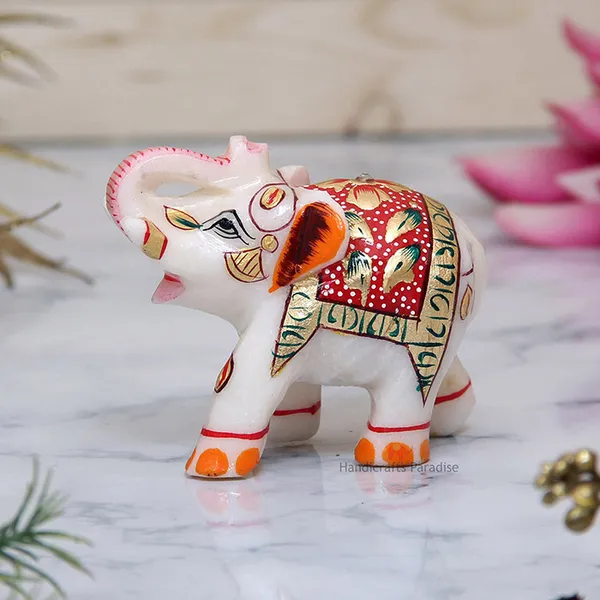White_Marble_Elephant_With_Red_Emboss_Painted_Showpiece,_2.75_Inch