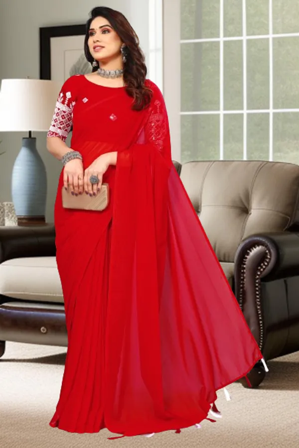 Red_Georgette_Solid/Plain_Party_And_Festive_Bollywood_Blend_Saree_With_unstitched_Blouse