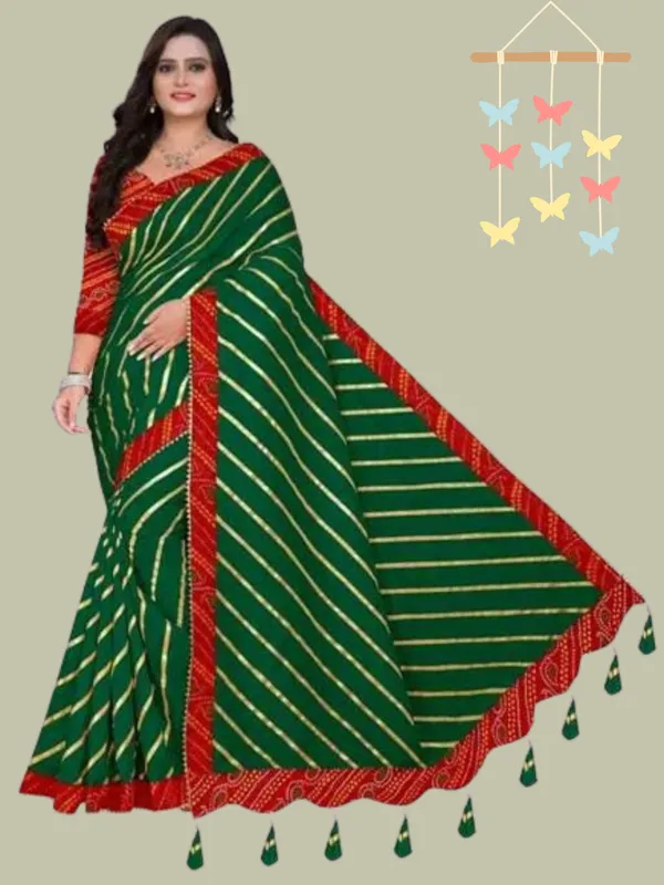 Green_Silk_Blend_Floral_Print_Wedding_And_Festive_Leheria_Pure_Saree_With_unstitched_Blouse