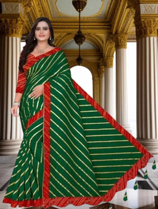 Green_Silk_Blend_Floral_Print_Wedding_And_Festive_Leheria_Pure_Saree_With_unstitched_Blouse