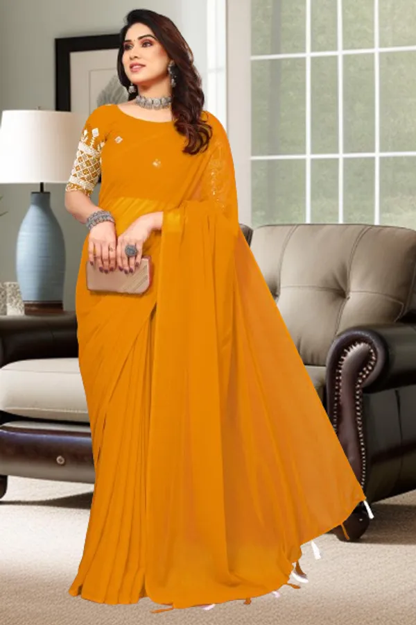 Mustard_Georgette_Solid/Plain_Party_And_Festive_Bollywood_Blend_Saree_With_unstitched_Blouse
