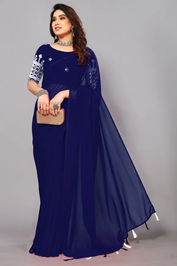 Blue_Georgette_Solid/Plain_Party_And_Festive_Bollywood_Blend_Saree_With_unstitched_Blouse