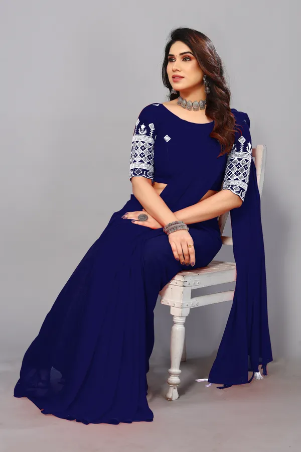 Blue_Georgette_Solid/Plain_Party_And_Festive_Bollywood_Blend_Saree_With_unstitched_Blouse