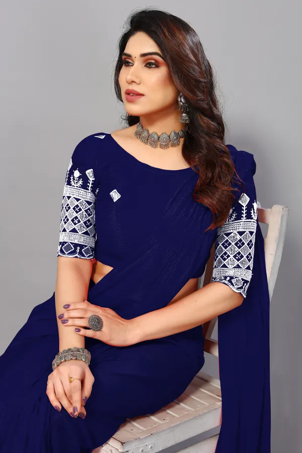 Blue_Georgette_Solid/Plain_Party_And_Festive_Bollywood_Blend_Saree_With_unstitched_Blouse