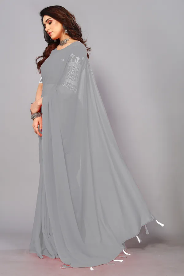 Grey_Georgette_Solid/Plain_Party_And_Festive_Bollywood_Blend_Saree_With_unstitched_Blouse