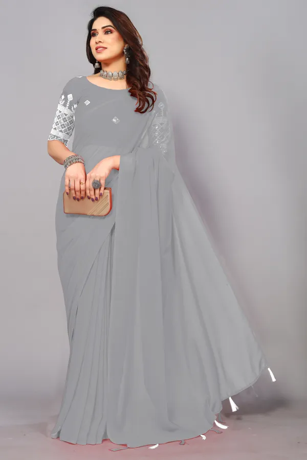 Grey_Georgette_Solid/Plain_Party_And_Festive_Bollywood_Blend_Saree_With_unstitched_Blouse