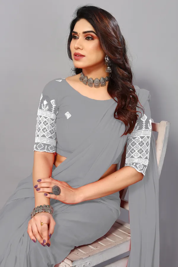 Grey_Georgette_Solid/Plain_Party_And_Festive_Bollywood_Blend_Saree_With_unstitched_Blouse