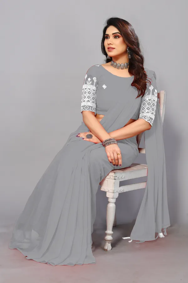 Grey_Georgette_Solid/Plain_Party_And_Festive_Bollywood_Blend_Saree_With_unstitched_Blouse