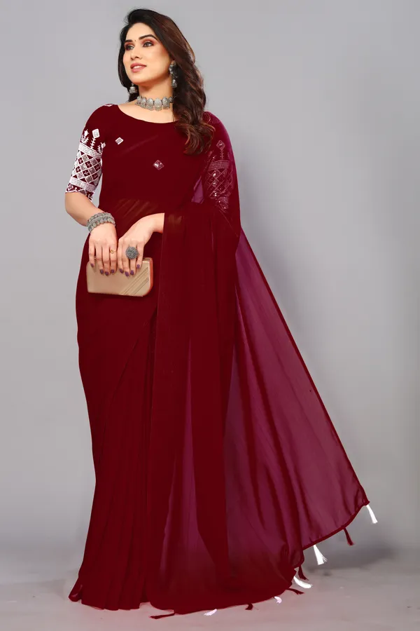 Maroon_Georgette_Solid/Plain_Party_And_Festive_Bollywood_Blend_Saree_With_unstitched_Blouse