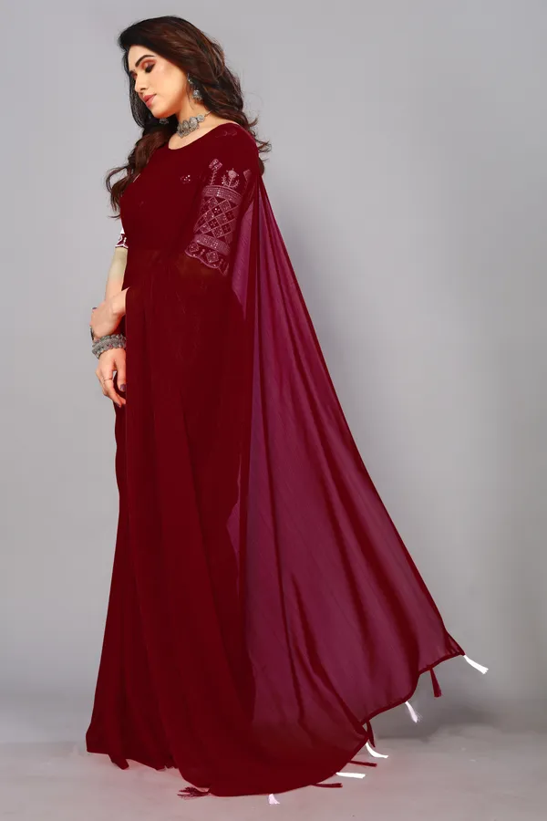 Maroon_Georgette_Solid/Plain_Party_And_Festive_Bollywood_Blend_Saree_With_unstitched_Blouse