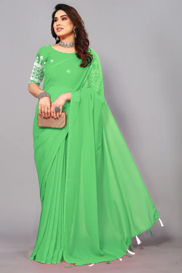 Light_Green_Georgette_Solid/Plain_Party_And_Festive_Bollywood_Blend_Saree_With_unstitched_Blouse
