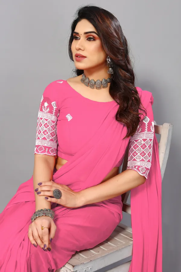 Pink_Georgette_Solid/Plain_Party_And_Festive_Bollywood_Blend_Saree_With_unstitched_Blouse
