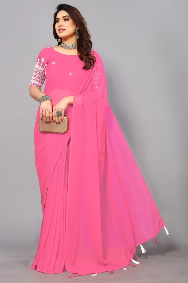 Pink_Georgette_Solid/Plain_Party_And_Festive_Bollywood_Blend_Saree_With_unstitched_Blouse