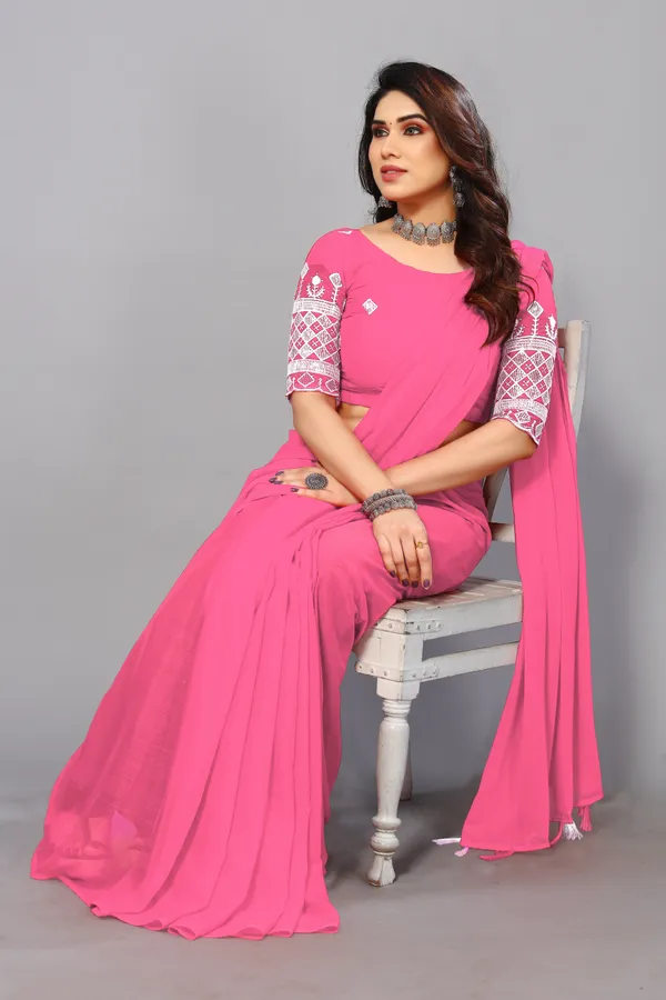Pink_Georgette_Solid/Plain_Party_And_Festive_Bollywood_Blend_Saree_With_unstitched_Blouse