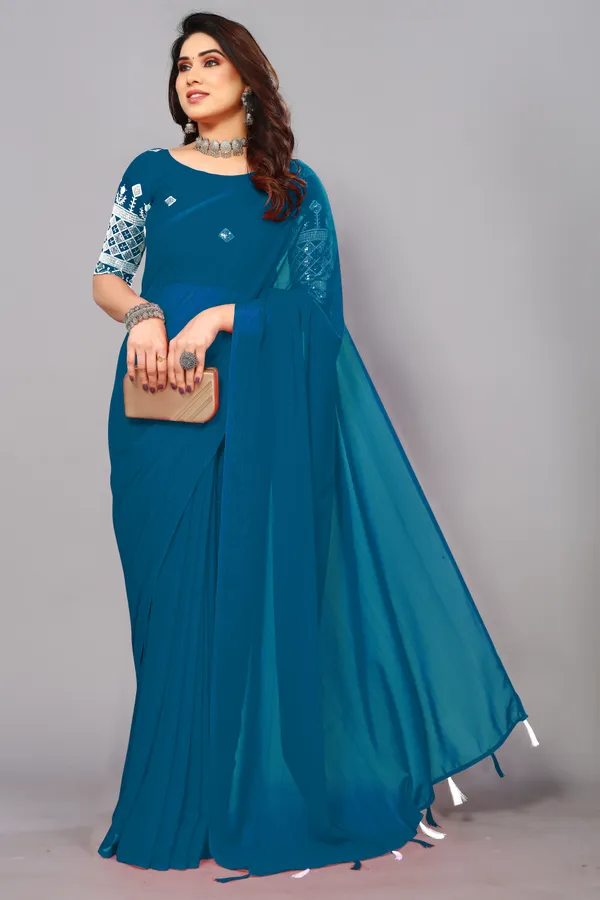 Green_Georgette_Solid/Plain_Party_And_Festive_Bollywood_Blend_Saree_With_unstitched_Blouse