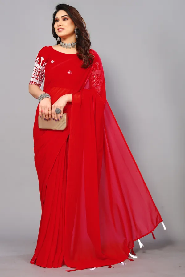 Red_Georgette_Solid/Plain_Party_And_Festive_Bollywood_Blend_Saree_With_unstitched_Blouse