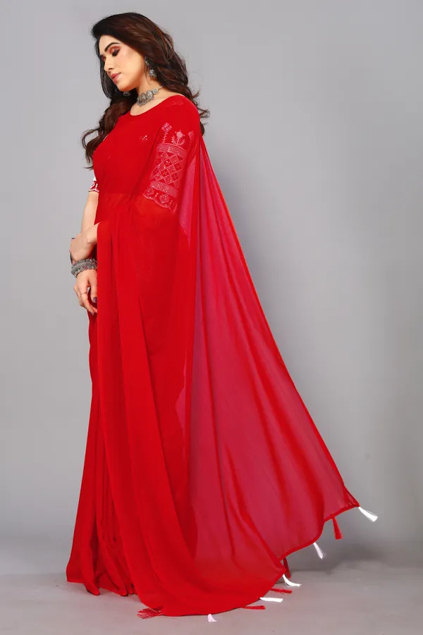 Red_Georgette_Solid/Plain_Party_And_Festive_Bollywood_Blend_Saree_With_unstitched_Blouse