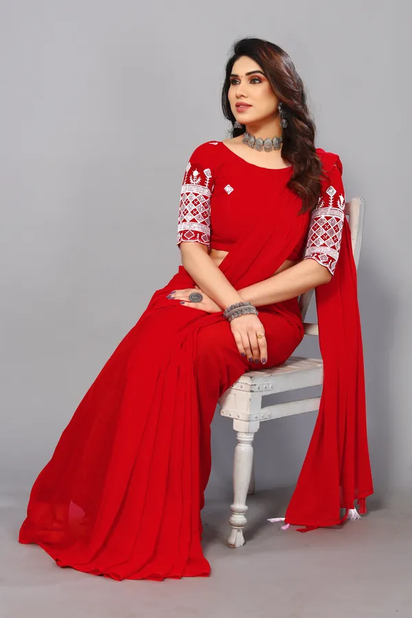 Red_Georgette_Solid/Plain_Party_And_Festive_Bollywood_Blend_Saree_With_unstitched_Blouse