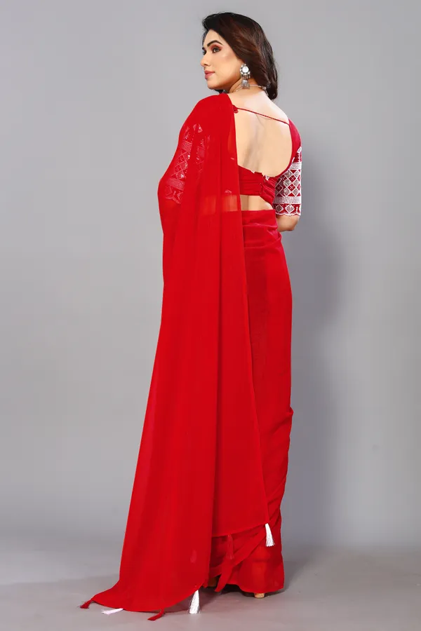 Red_Georgette_Solid/Plain_Party_And_Festive_Bollywood_Blend_Saree_With_unstitched_Blouse