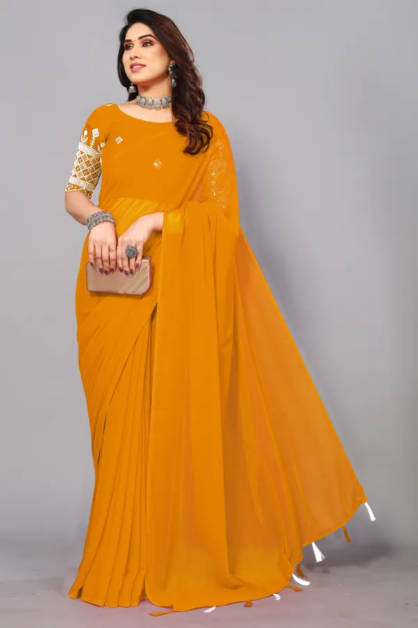 Mustard_Georgette_Solid/Plain_Party_And_Festive_Bollywood_Blend_Saree_With_unstitched_Blouse