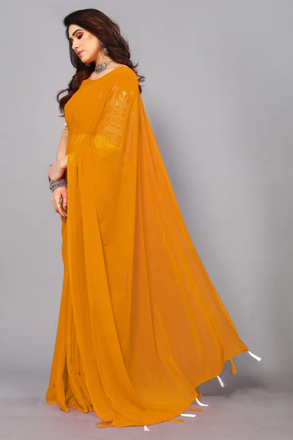 Mustard_Georgette_Solid/Plain_Party_And_Festive_Bollywood_Blend_Saree_With_unstitched_Blouse