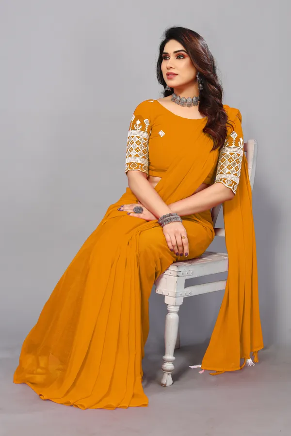 Mustard_Georgette_Solid/Plain_Party_And_Festive_Bollywood_Blend_Saree_With_unstitched_Blouse