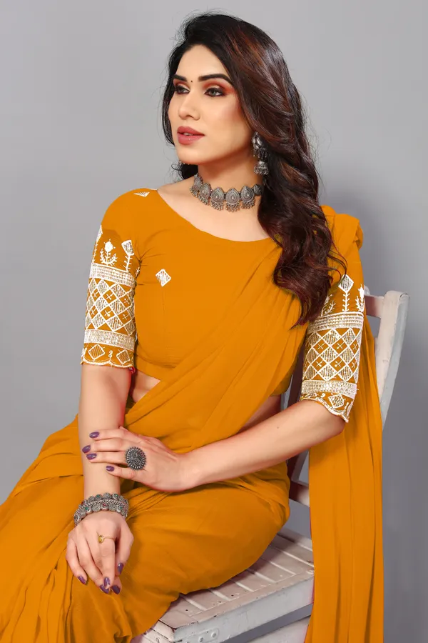 Mustard_Georgette_Solid/Plain_Party_And_Festive_Bollywood_Blend_Saree_With_unstitched_Blouse