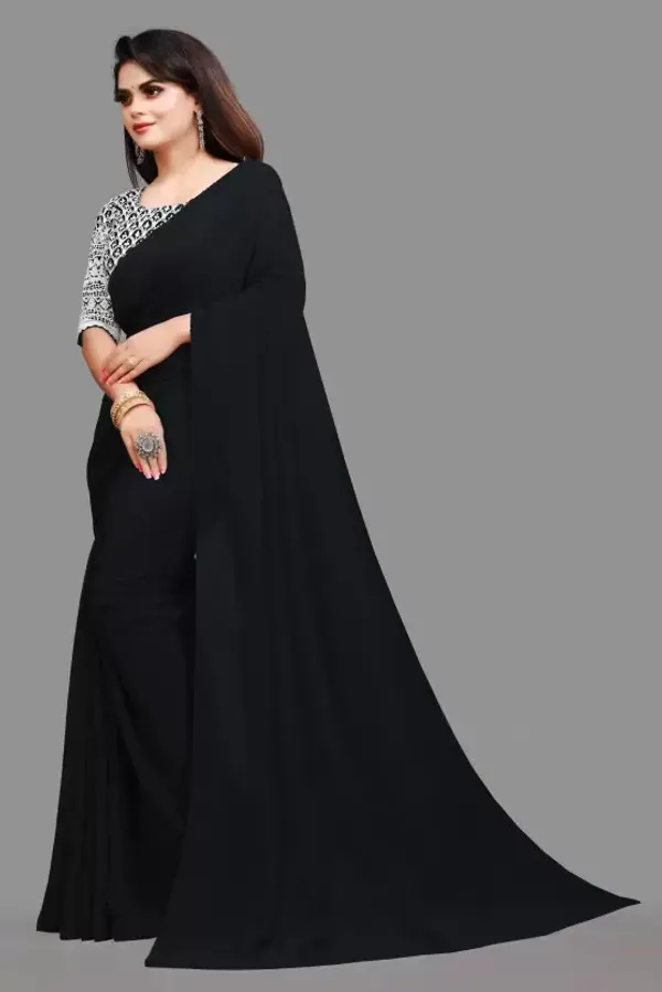 Black_Georgette_Solid/Plain_Party_And_Festive_Bollywood_Pure_Saree_With_unstitched_Blouse