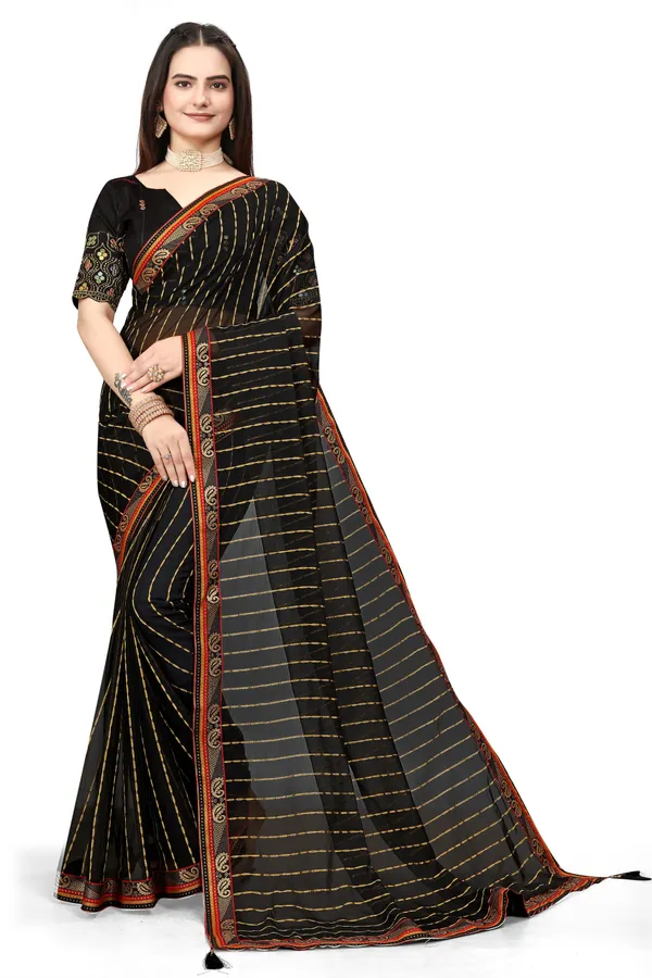Black_Jacquard_Printed_Casual_Banarasi_Synthetic_Saree_With_unstitched_Blouse