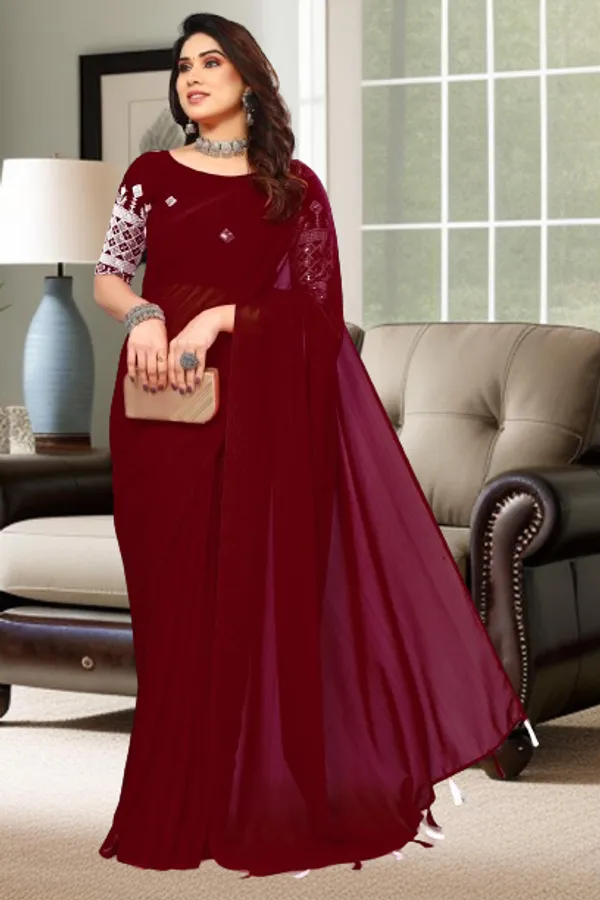 Maroon_Georgette_Solid/Plain_Party_And_Festive_Bollywood_Blend_Saree_With_unstitched_Blouse