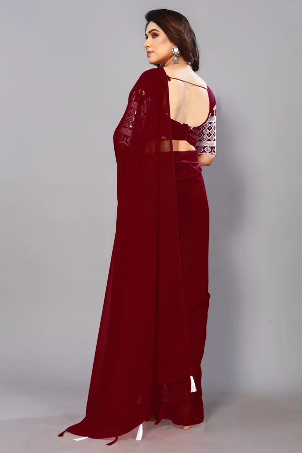 Maroon_Georgette_Solid/Plain_Party_And_Festive_Bollywood_Blend_Saree_With_unstitched_Blouse