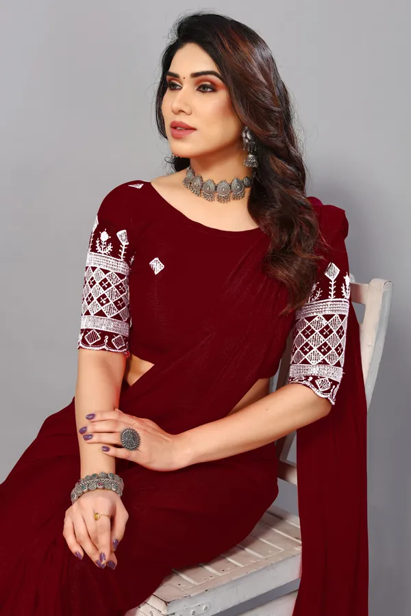 Maroon_Georgette_Solid/Plain_Party_And_Festive_Bollywood_Blend_Saree_With_unstitched_Blouse