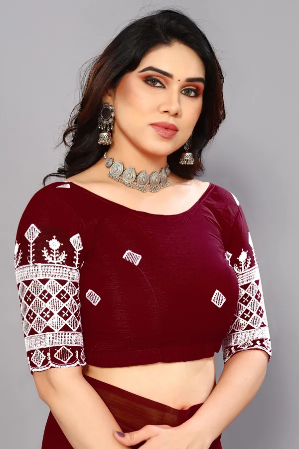 Maroon_Georgette_Solid/Plain_Party_And_Festive_Bollywood_Blend_Saree_With_unstitched_Blouse