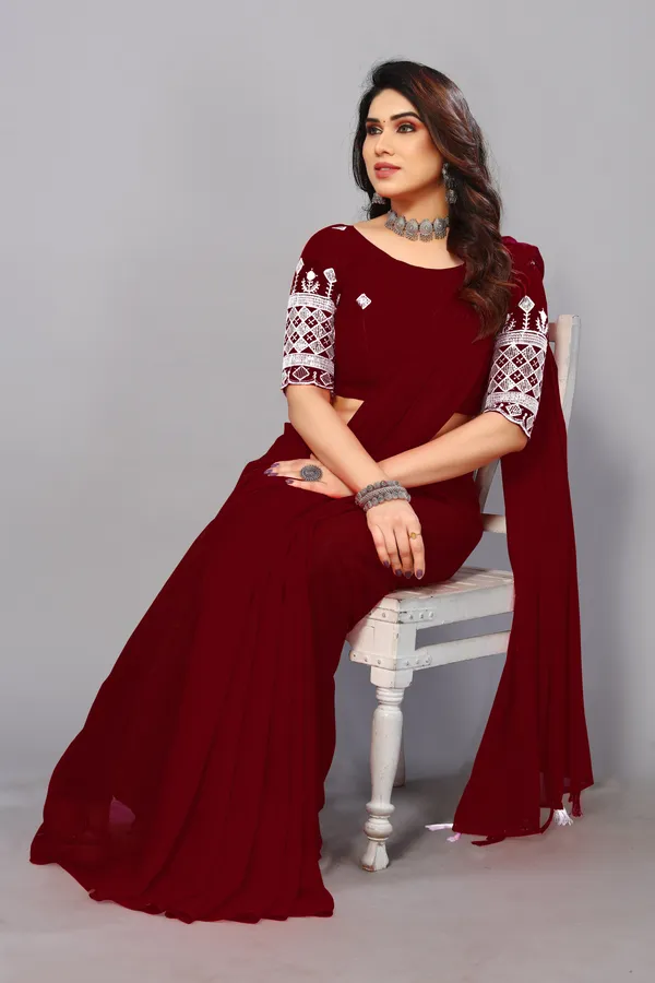 Maroon_Georgette_Solid/Plain_Party_And_Festive_Bollywood_Blend_Saree_With_unstitched_Blouse