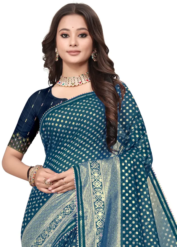 Teal_Designer_Fancy_Foil_Print_Patola_Saree_With_Embrodary_Blouse_Piece